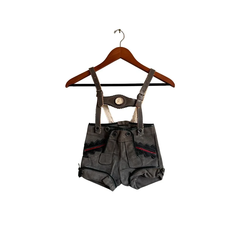 Kids Lederhosen German Style Suspender Shorts Gray Leather Trim Oktoberfest